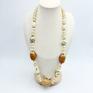 Vintage Style Boho Beaded Necklace Cream Shell, Earth-Tone Stone & Wood Beads